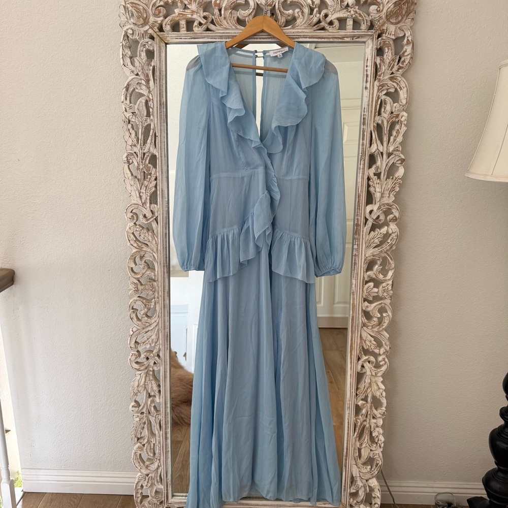 Ruffle Trim V Neck Sleeve Chiffon Dress